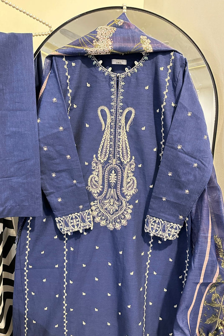 Midnight Blue Elegance – 3Pc Embroidered Suit