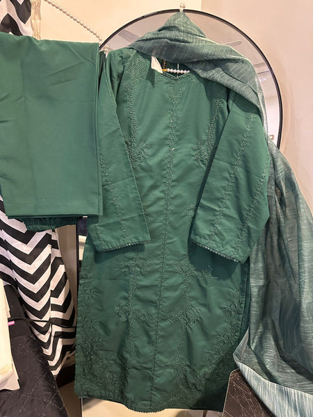 Green: Emerald Bloom Embroidered Cambric 3-Piece Suit