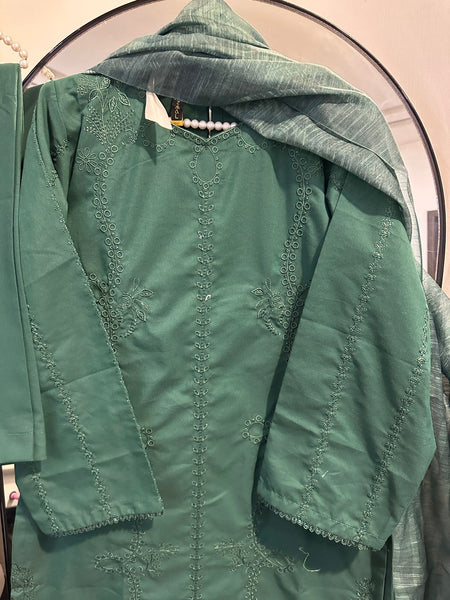Green: Emerald Bloom Embroidered Cambric 3-Piece Suit