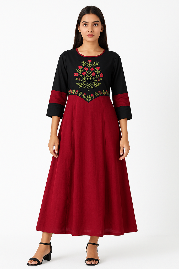 Black & Maroon Embroidered Marina Frock – Floral Front Detail