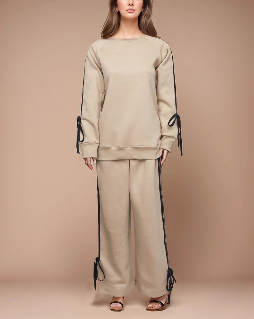 Beige Contrast Bow Detail 2-Piece Co-Ord Set