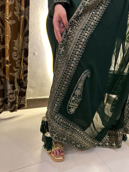 Emerald Grace – Premium 3 Piece Embroidered Suit with Heavy Border chiffon Dupatta
