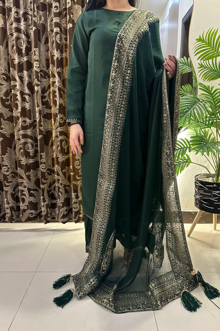 Emerald Grace – Premium 3 Piece Embroidered Suit with Heavy Border chiffon Dupatta